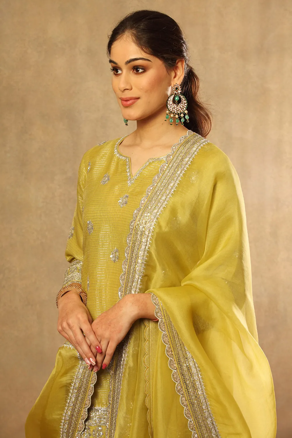 Embroidered Lime Green Pure Silk Organza Sharara Set
