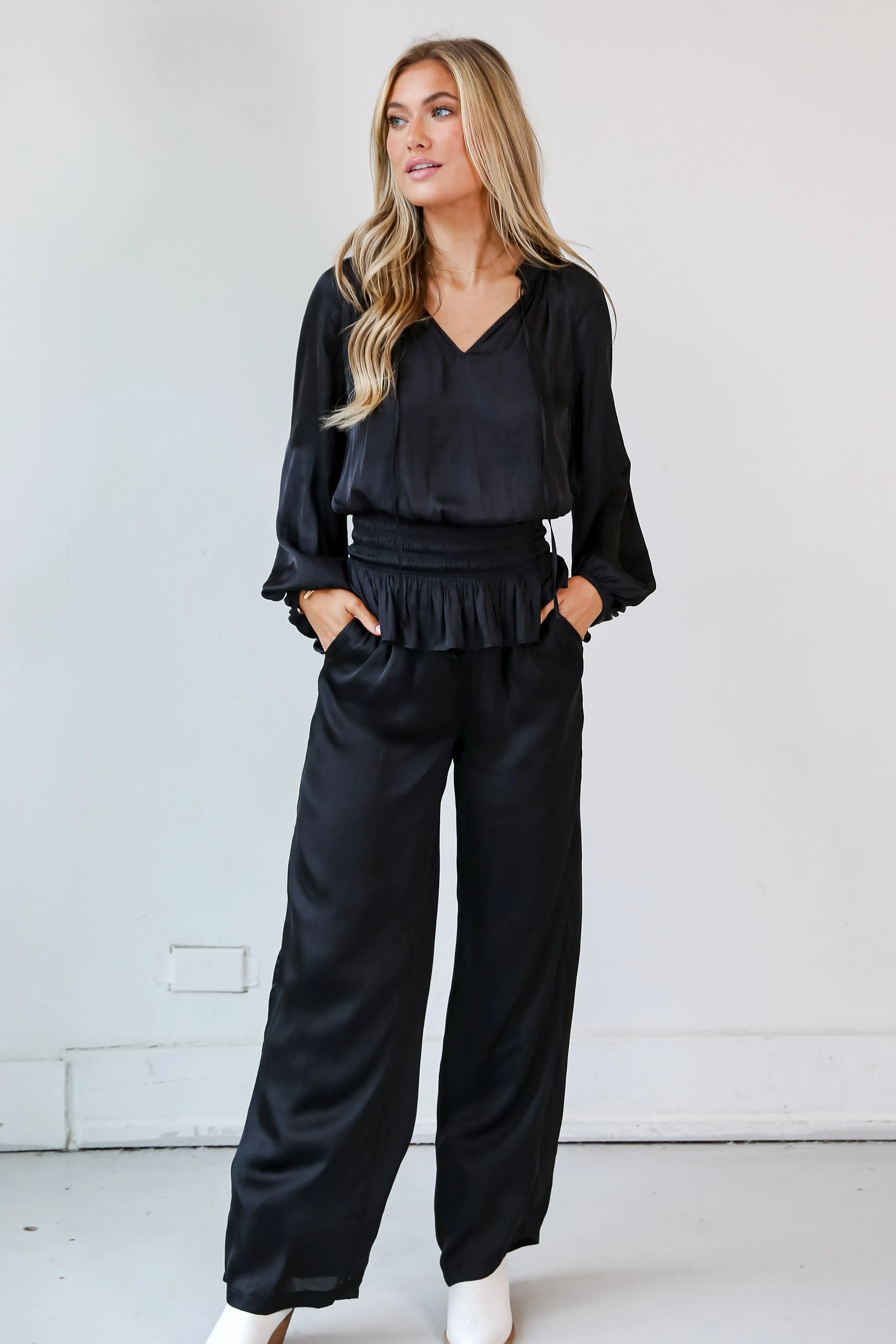 FINAL SALE - Exquisite Shine Black Satin Wide Leg Pants