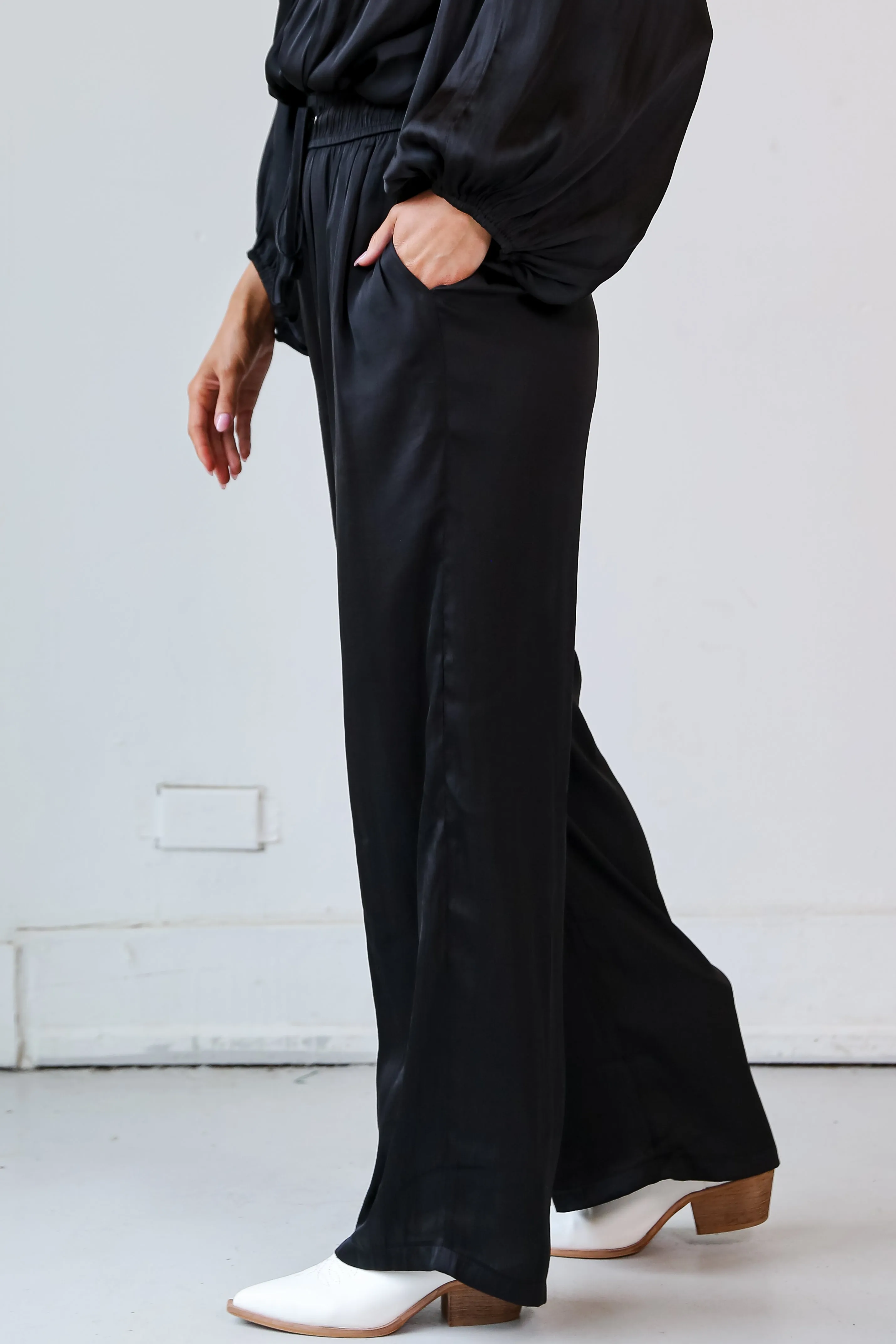 FINAL SALE - Exquisite Shine Black Satin Wide Leg Pants