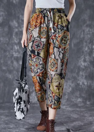 Khaki Print Cotton Harem Pants Drawstring Pockets Summer LY7003
