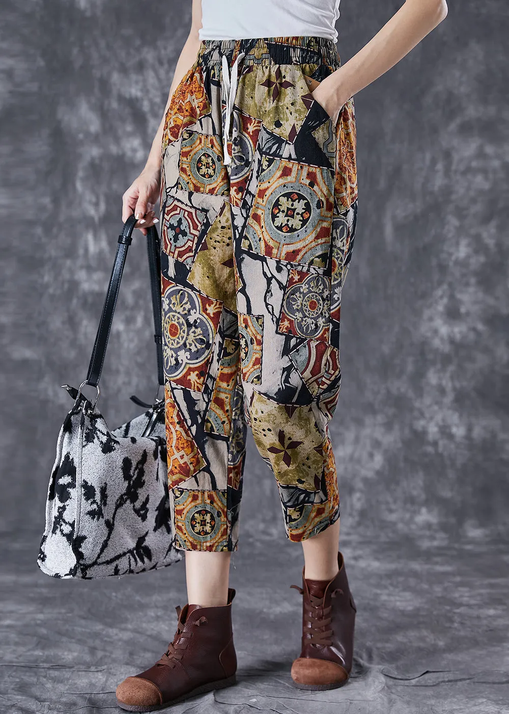Khaki Print Cotton Harem Pants Drawstring Pockets Summer LY7003