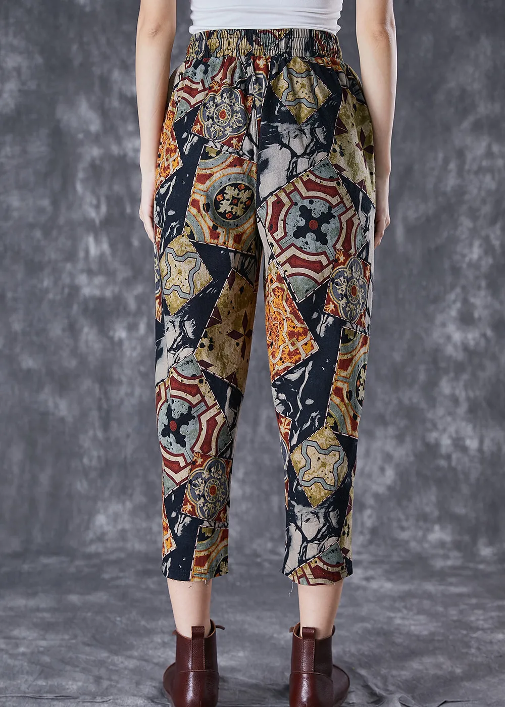 Khaki Print Cotton Harem Pants Drawstring Pockets Summer LY7003