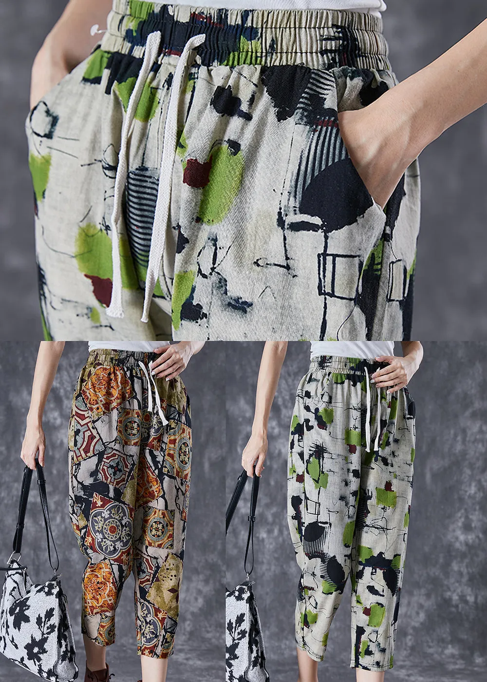 Khaki Print Cotton Harem Pants Drawstring Pockets Summer LY7003