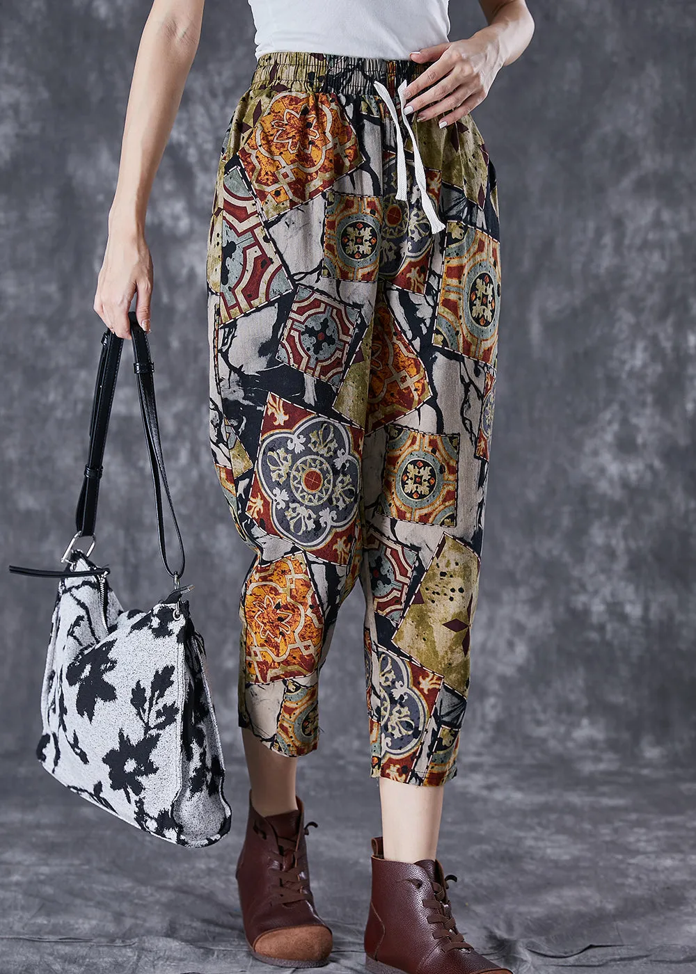 Khaki Print Cotton Harem Pants Drawstring Pockets Summer LY7003