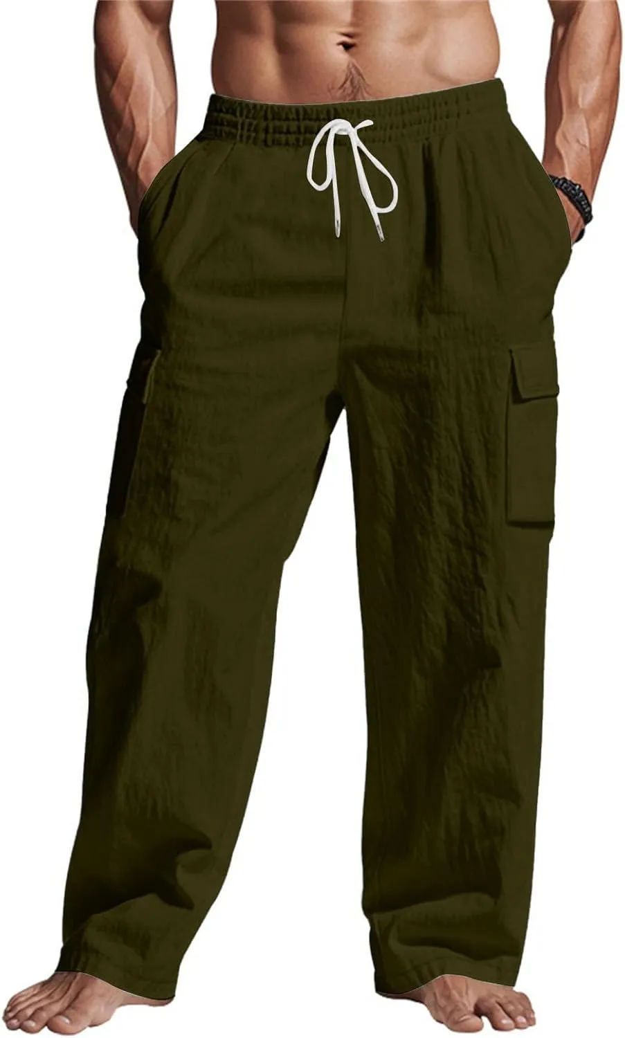 Linen Cargo Pants for Men Casual Elastic Waist Drawstring Beach Trousers Summer Lightweight Yoga Pants with Pockets
