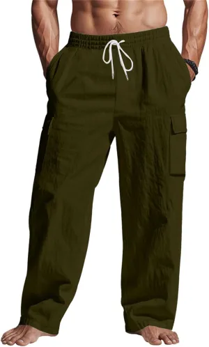 Linen Cargo Pants for Men Casual Elastic Waist Drawstring Beach Trousers Summer Lightweight Yoga Pants with Pockets