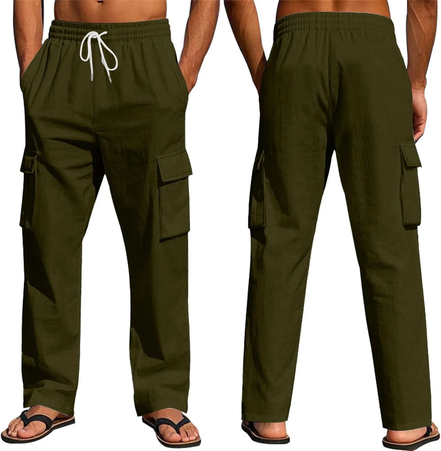 Linen Cargo Pants for Men Casual Elastic Waist Drawstring Beach Trousers Summer Lightweight Yoga Pants with Pockets