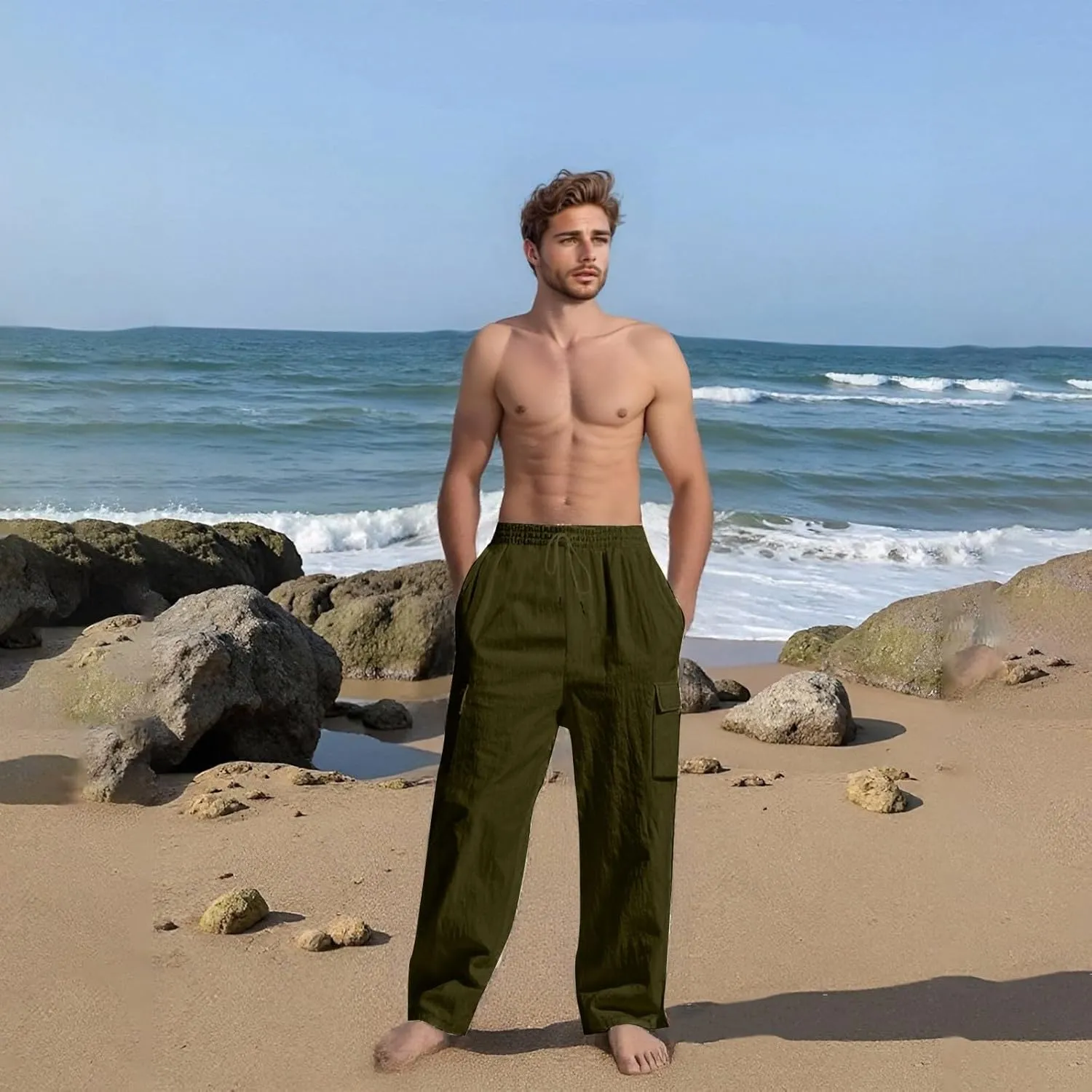 Linen Cargo Pants for Men Casual Elastic Waist Drawstring Beach Trousers Summer Lightweight Yoga Pants with Pockets
