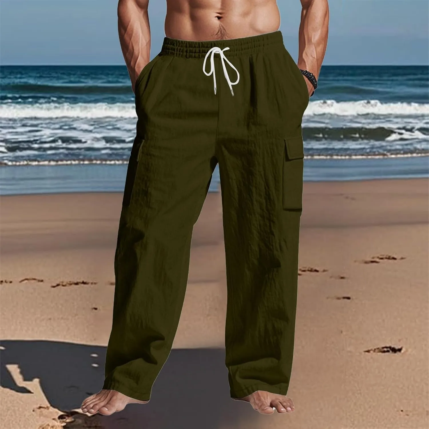 Linen Cargo Pants for Men Casual Elastic Waist Drawstring Beach Trousers Summer Lightweight Yoga Pants with Pockets