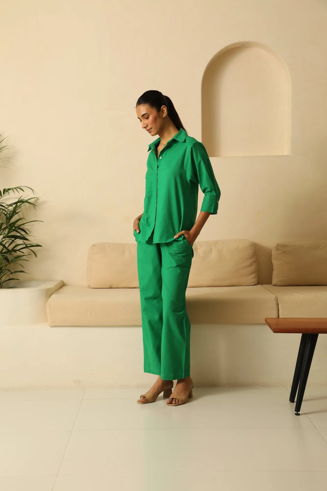 Linen Coord Set with Pants in Dark Green