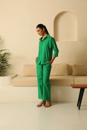 Linen Coord Set with Pants in Dark Green