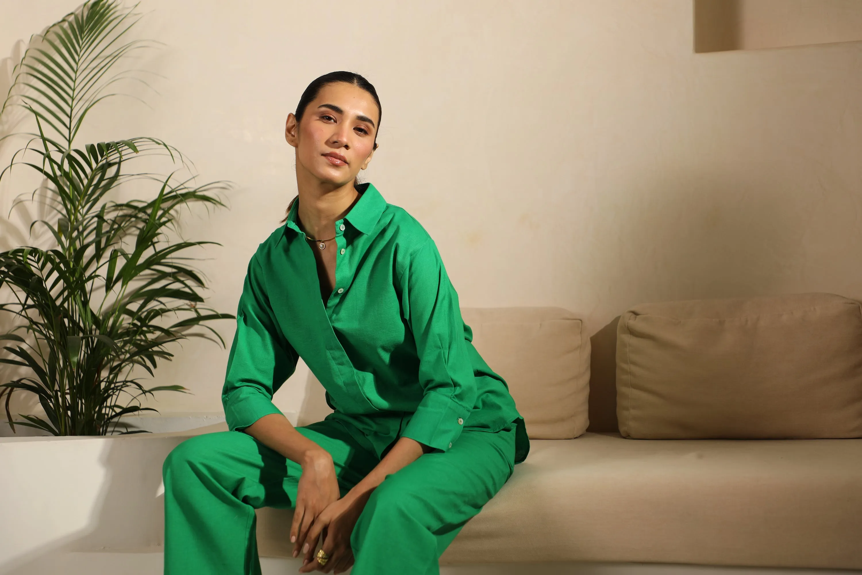 Linen Coord Set with Pants in Dark Green