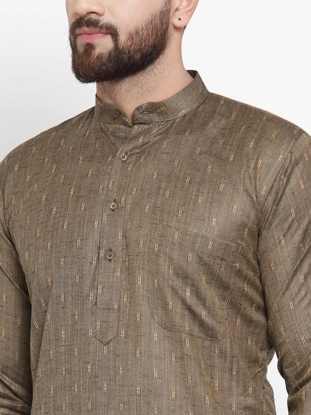 Men Bronze & White Self Design Kurta With Churidar