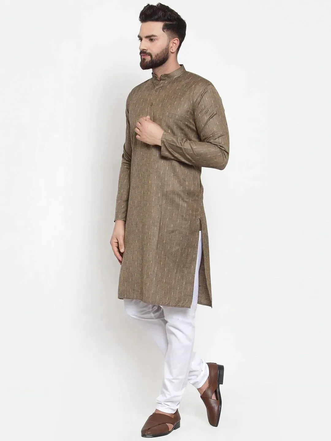 Men Bronze & White Self Design Kurta With Churidar