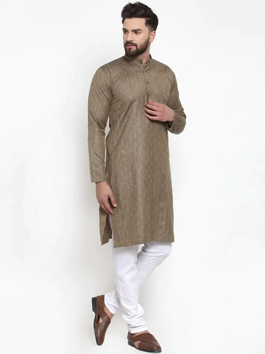 Men Bronze & White Self Design Kurta With Churidar