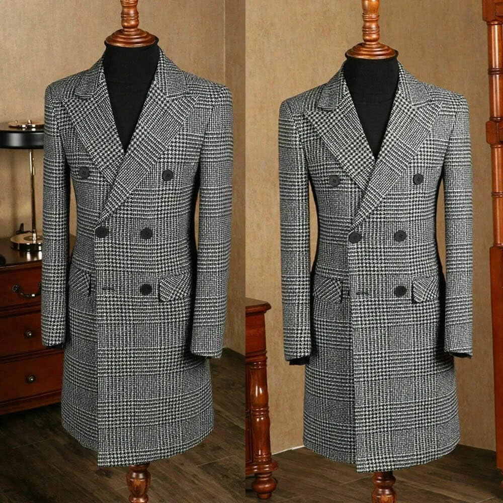 Men's Blazer Plaid Slim Fit Suit Jacket Peak Lapel Double Breasted Business Checked Blazer Jacket