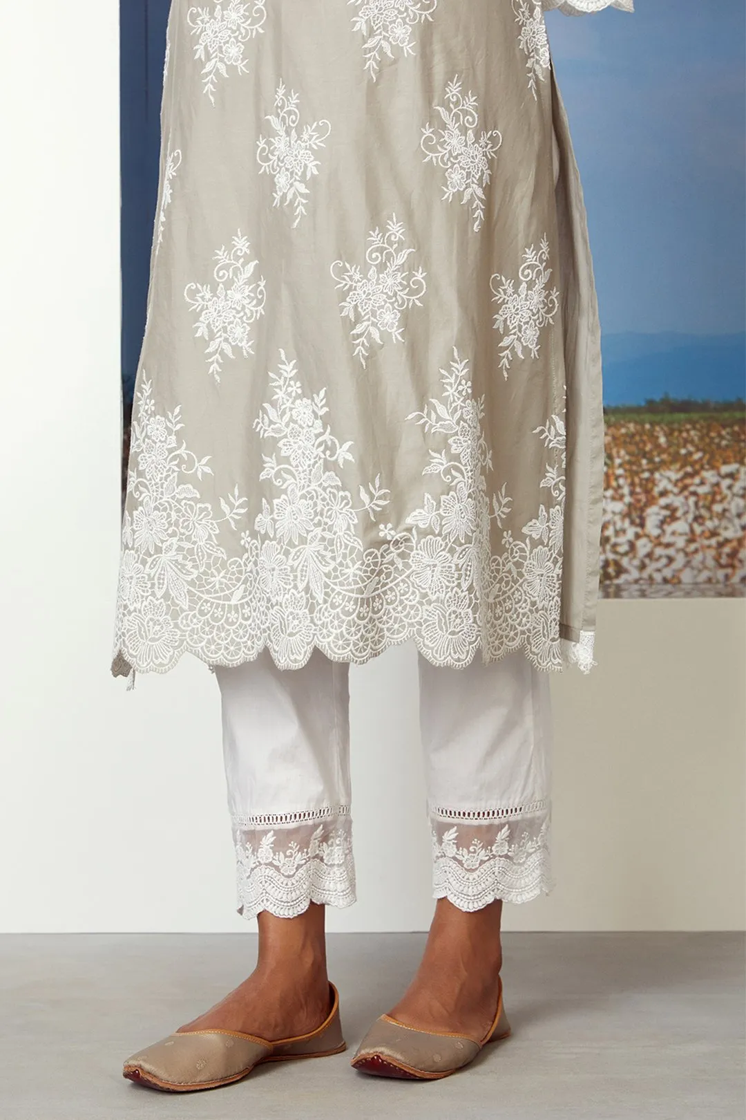 Mulmul Cotton Silver Comet Kurta With Floral Organza Pant