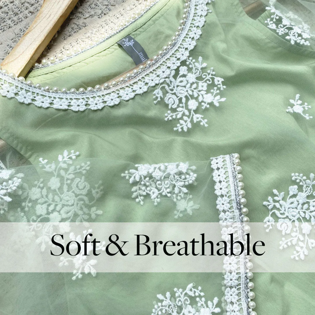 Mulmul Net Astrella Green Kurta With Mulmul Cotton Astrella Green Pant