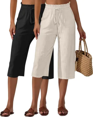 Neer 2 Pcs Women's Linen Wide Leg Capri Pants Beach High Waisted Drawstring Casual Loose Capris Pants with Pockets (Black, Linen Color,Medium)