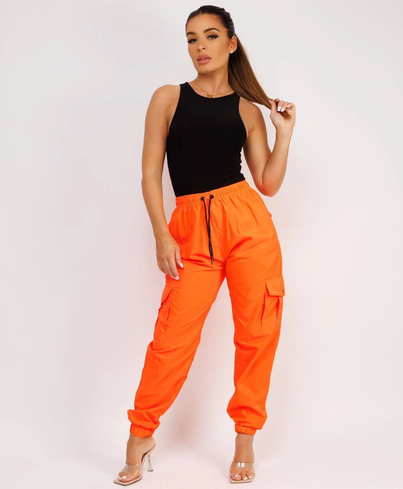 Neon Orange Shell Cuffed Pocketed Cargo Trousers