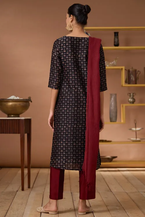 Okhai "Ruby Armour" Hand Embroidered Beadwork Handblock Printed Chanderi Silk Ajrakh Kurta Pant Set with Dupatta