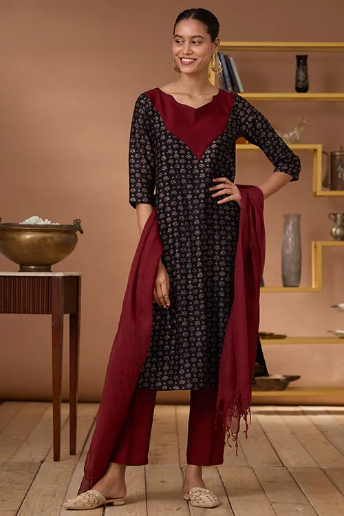 Okhai "Ruby Armour" Hand Embroidered Beadwork Handblock Printed Chanderi Silk Ajrakh Kurta Pant Set with Dupatta