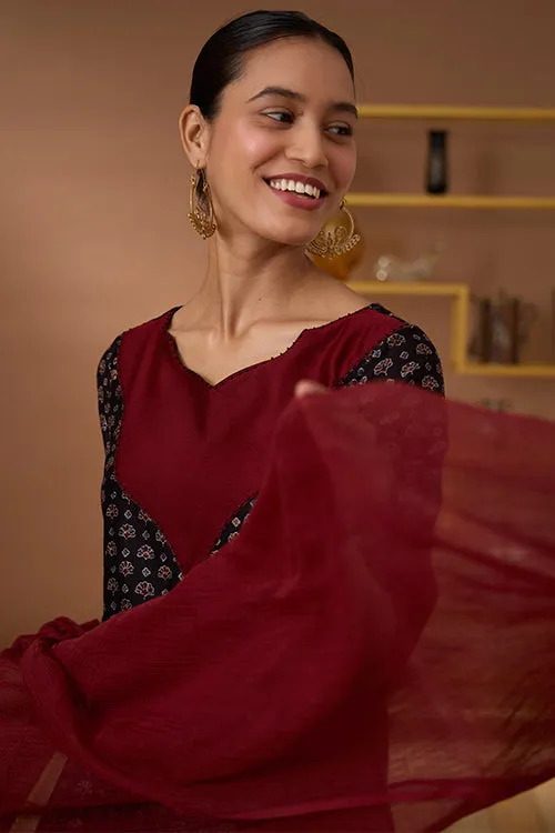 Okhai "Ruby Armour" Hand Embroidered Beadwork Handblock Printed Chanderi Silk Ajrakh Kurta Pant Set with Dupatta