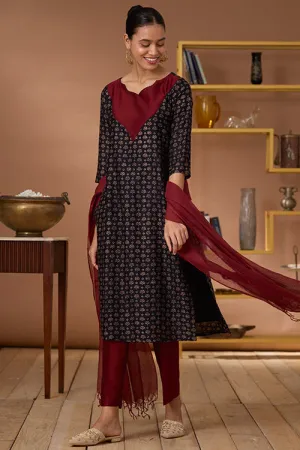 Okhai "Ruby Armour" Hand Embroidered Beadwork Handblock Printed Chanderi Silk Ajrakh Kurta Pant Set with Dupatta