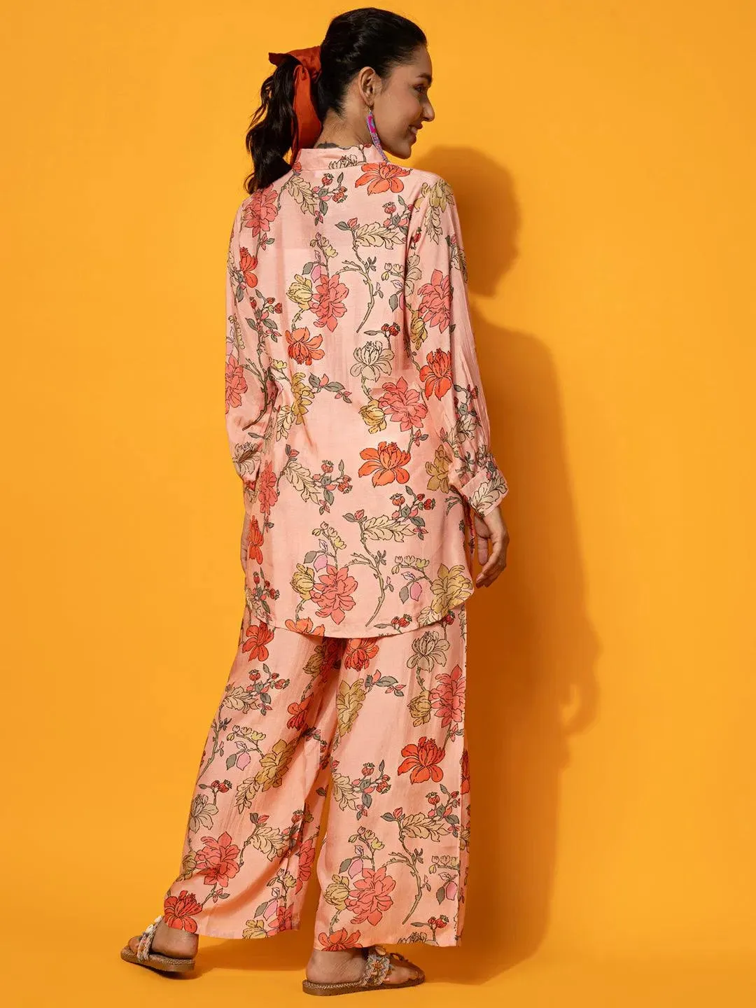 Peach Printed Silk Blend Co-Ords
