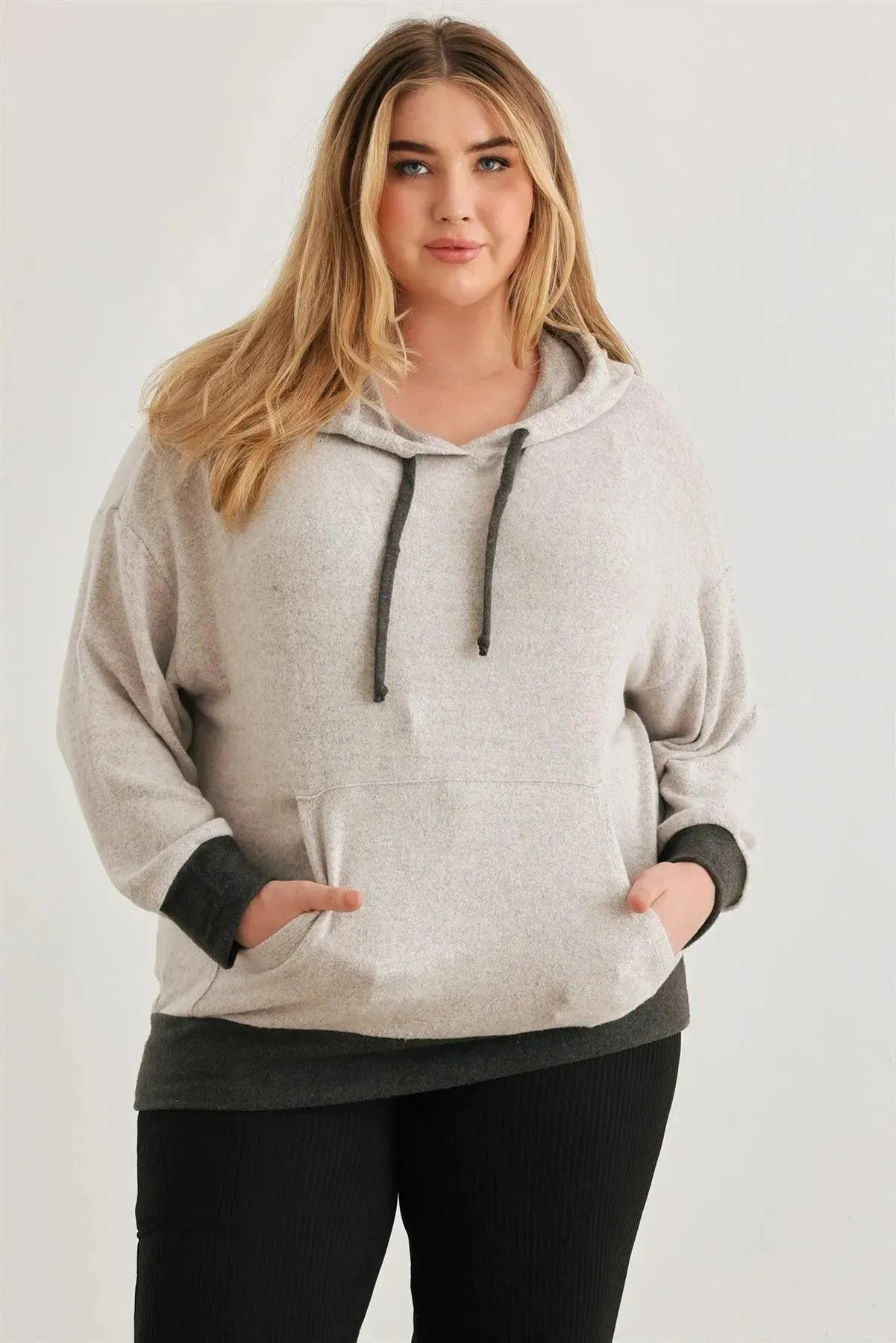 Plus Size Two-Tone Kangaroo Pocket Soft Hoodie