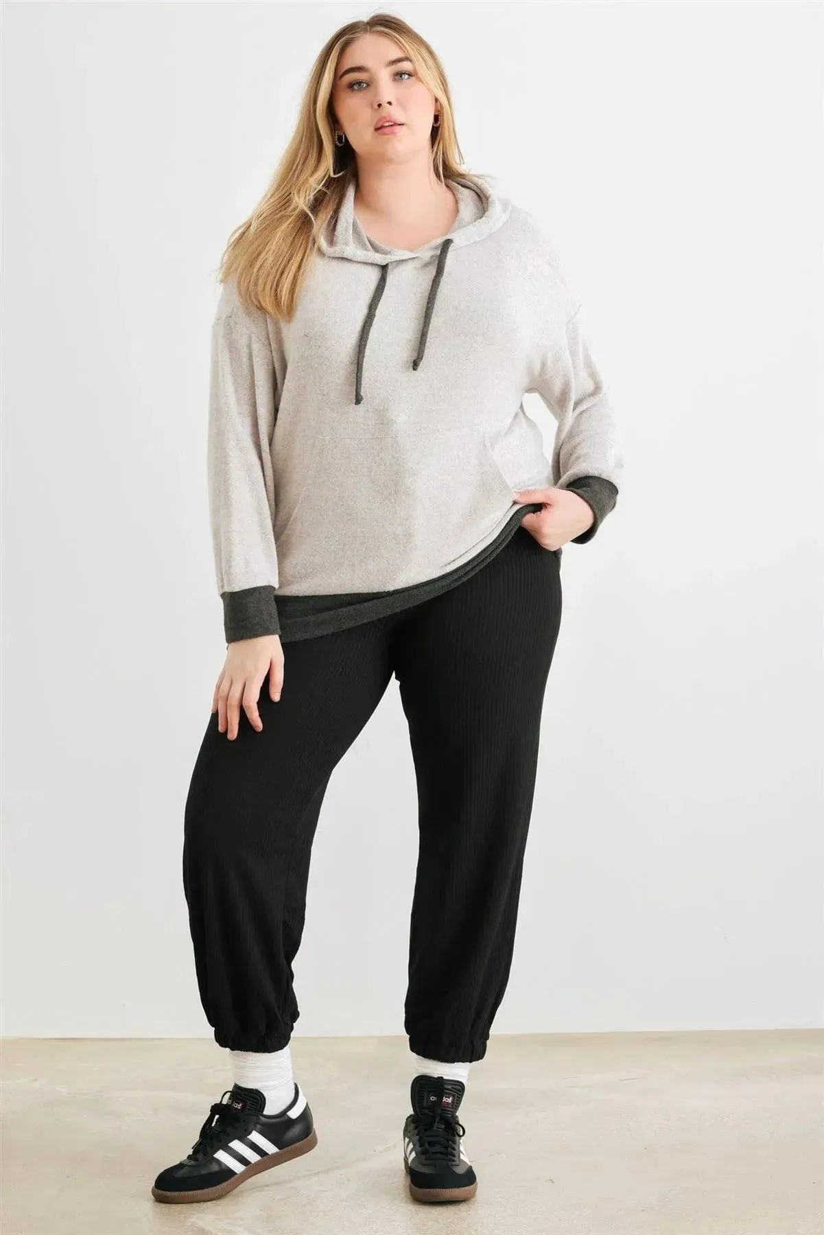 Plus Size Two-Tone Kangaroo Pocket Soft Hoodie