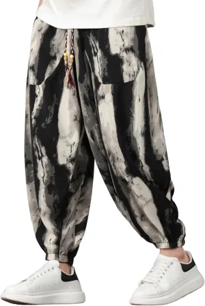 PRIJOUHE Harem Pants for Men Casual Drawstring Yoga Pants Boho Loose Fit Tapered Cropped Trousers with Pockets
