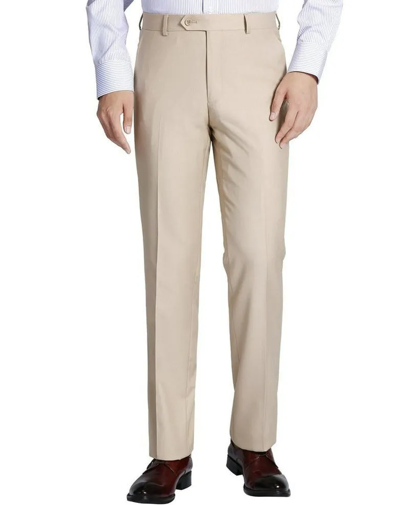 Tan Men's Solid Slim Fit Dress Pants Flat Front
