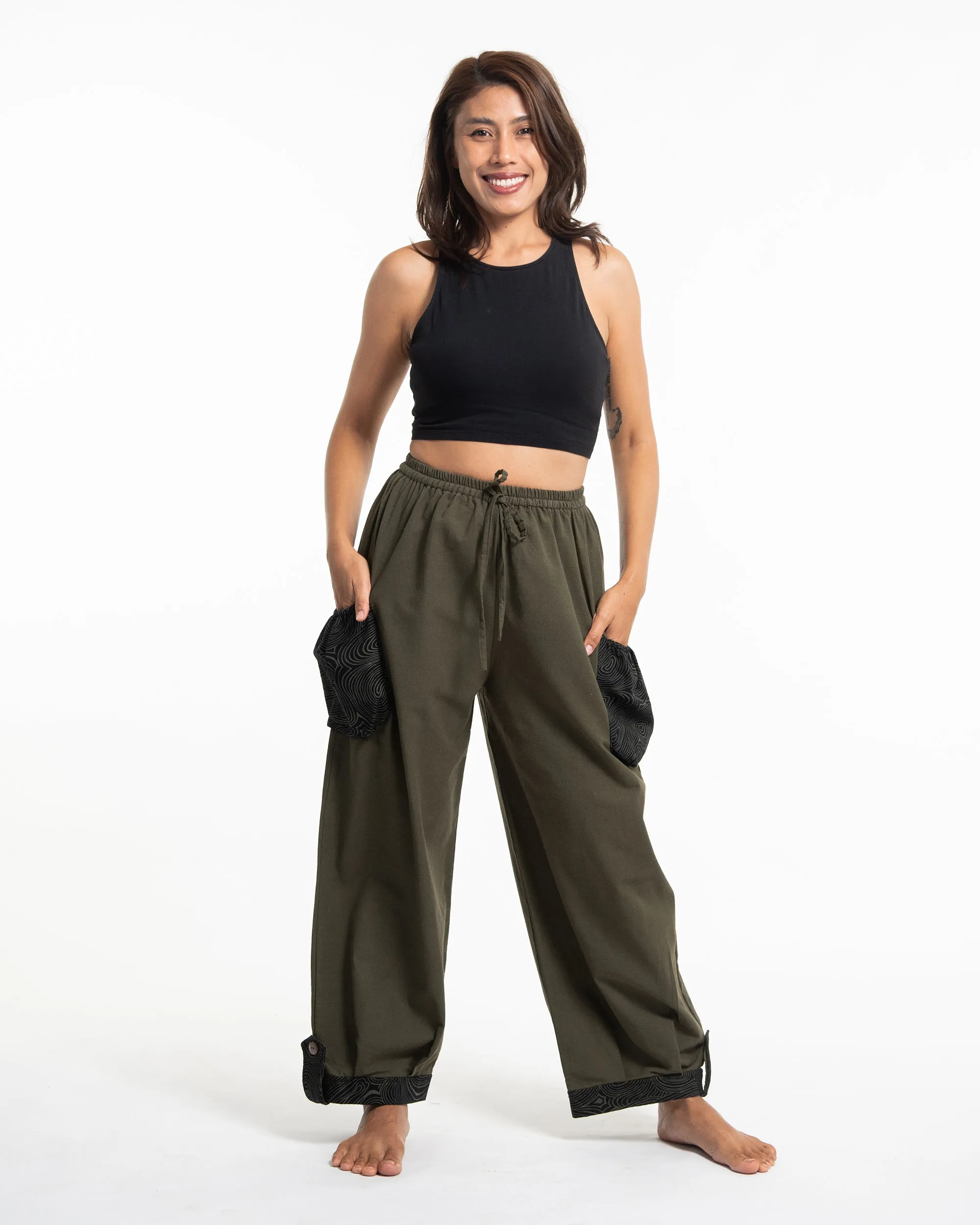 Unisex Drawstring Cotton Pants with Hill Tribe Trim in Olive