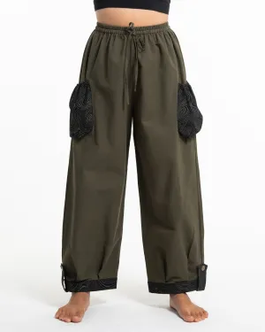 Unisex Drawstring Cotton Pants with Hill Tribe Trim in Olive