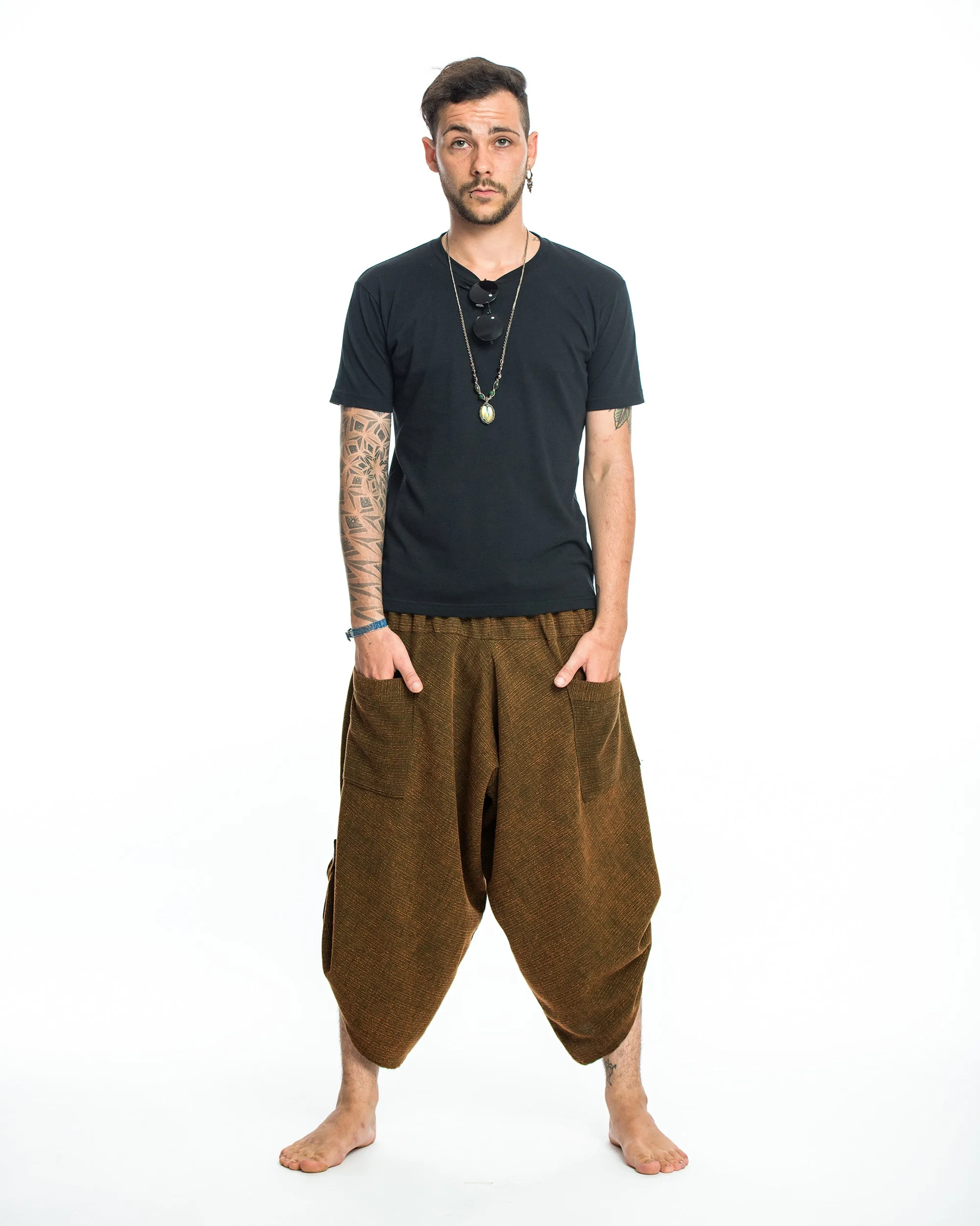 Unisex Stone Washed Large Pockets Harem Pants in Brown Gold