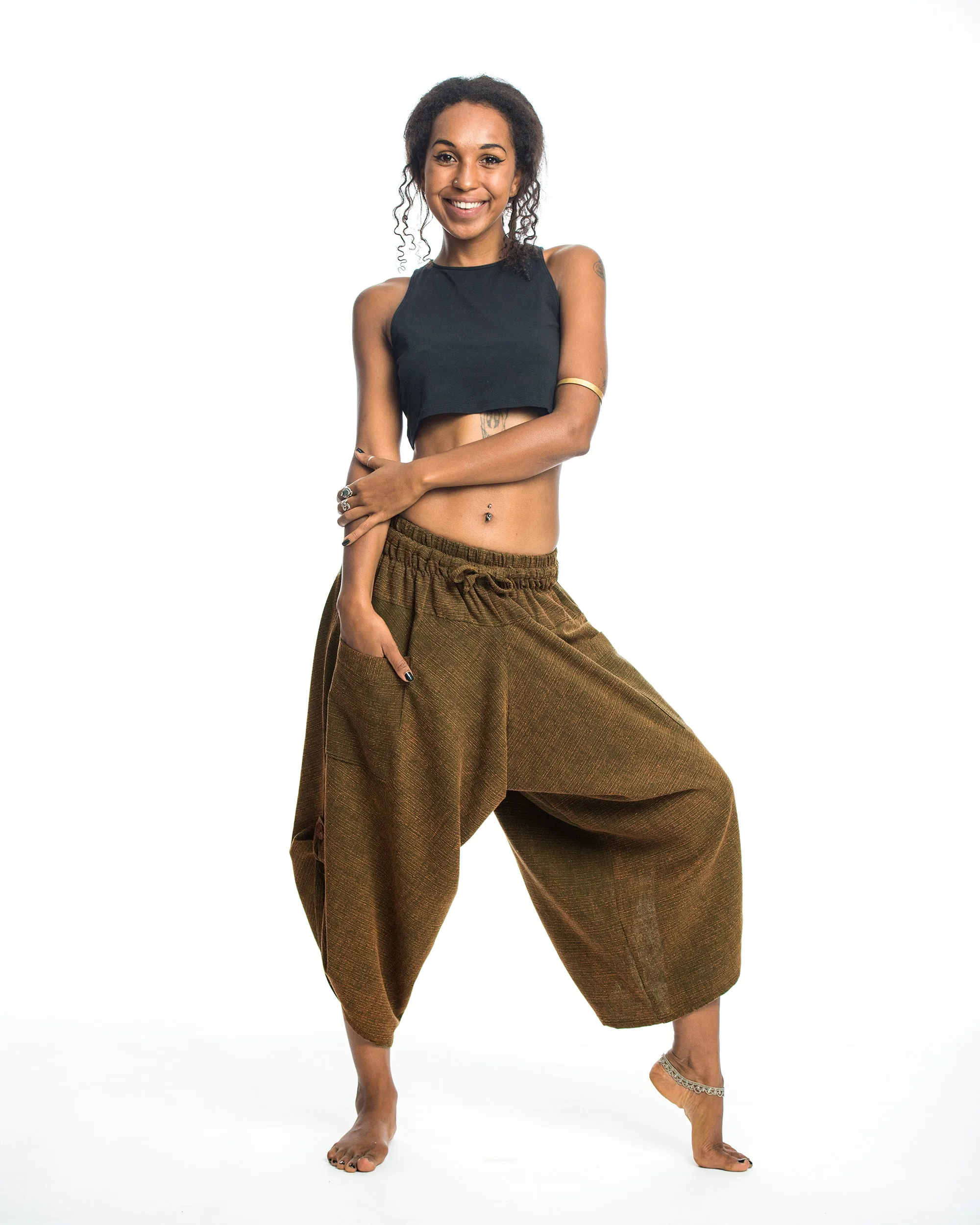 Unisex Stone Washed Large Pockets Harem Pants in Brown Gold