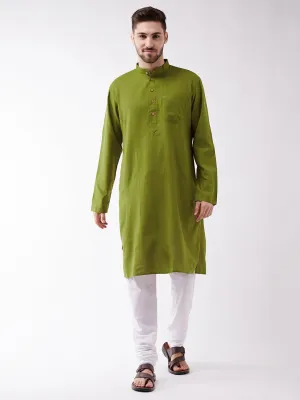 VASTRAMAY Men's Mehendi Green And White Cotton Blend Kurta Pyjama Set