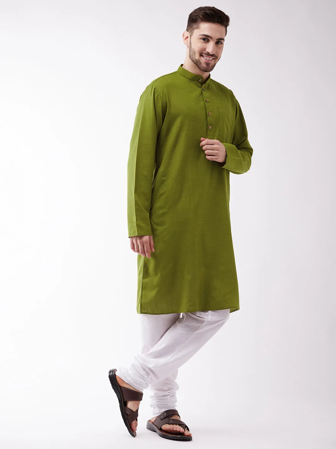 VASTRAMAY Men's Mehendi Green And White Cotton Blend Kurta Pyjama Set