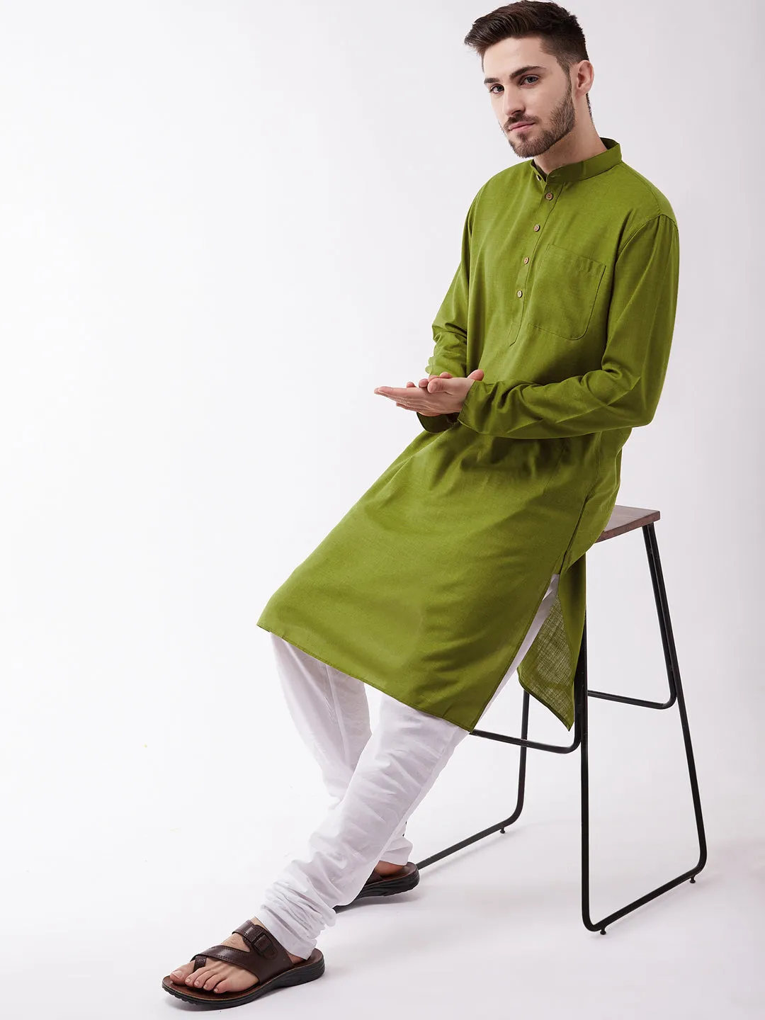 VASTRAMAY Men's Mehendi Green And White Cotton Blend Kurta Pyjama Set