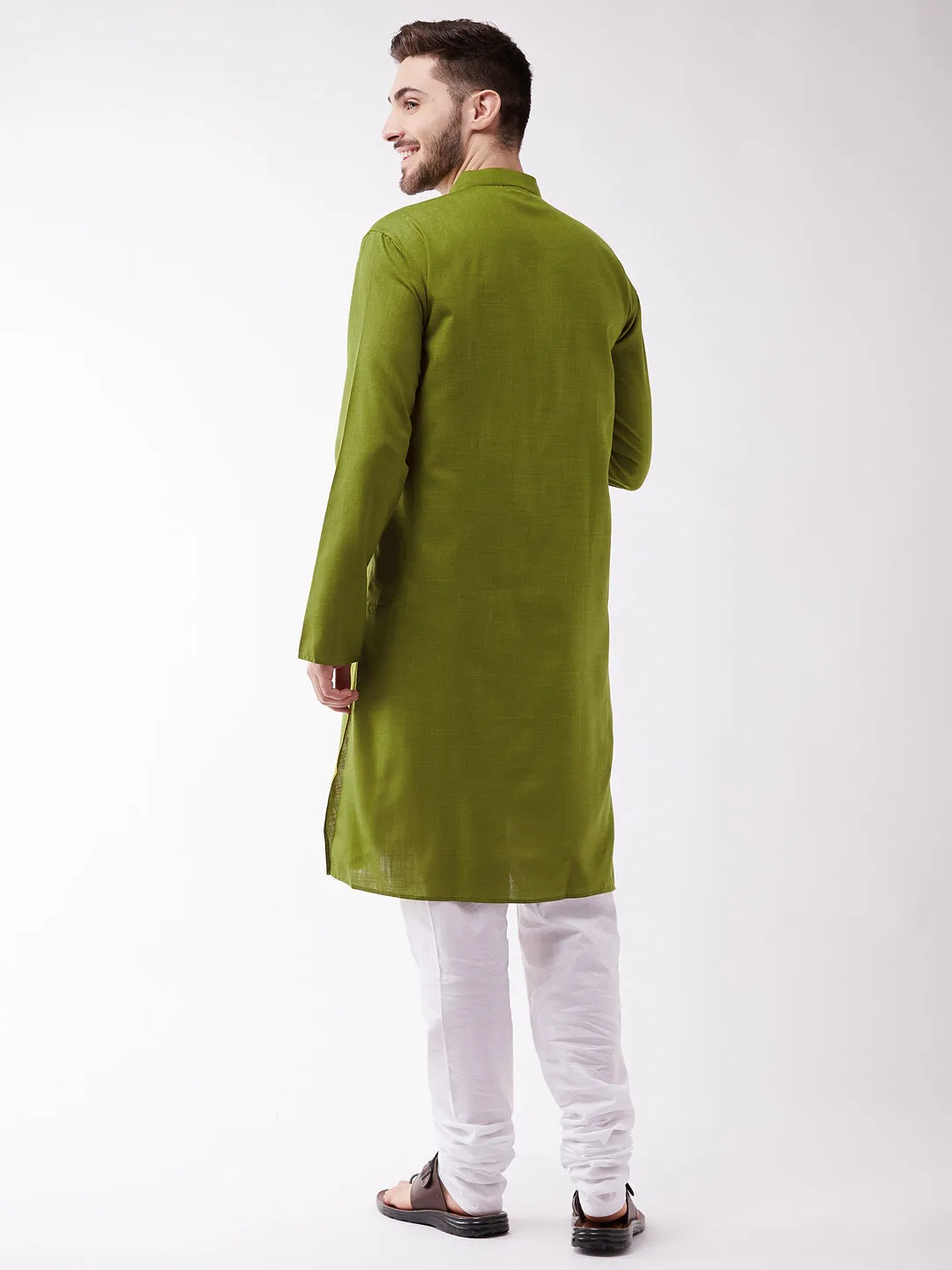 VASTRAMAY Men's Mehendi Green And White Cotton Blend Kurta Pyjama Set