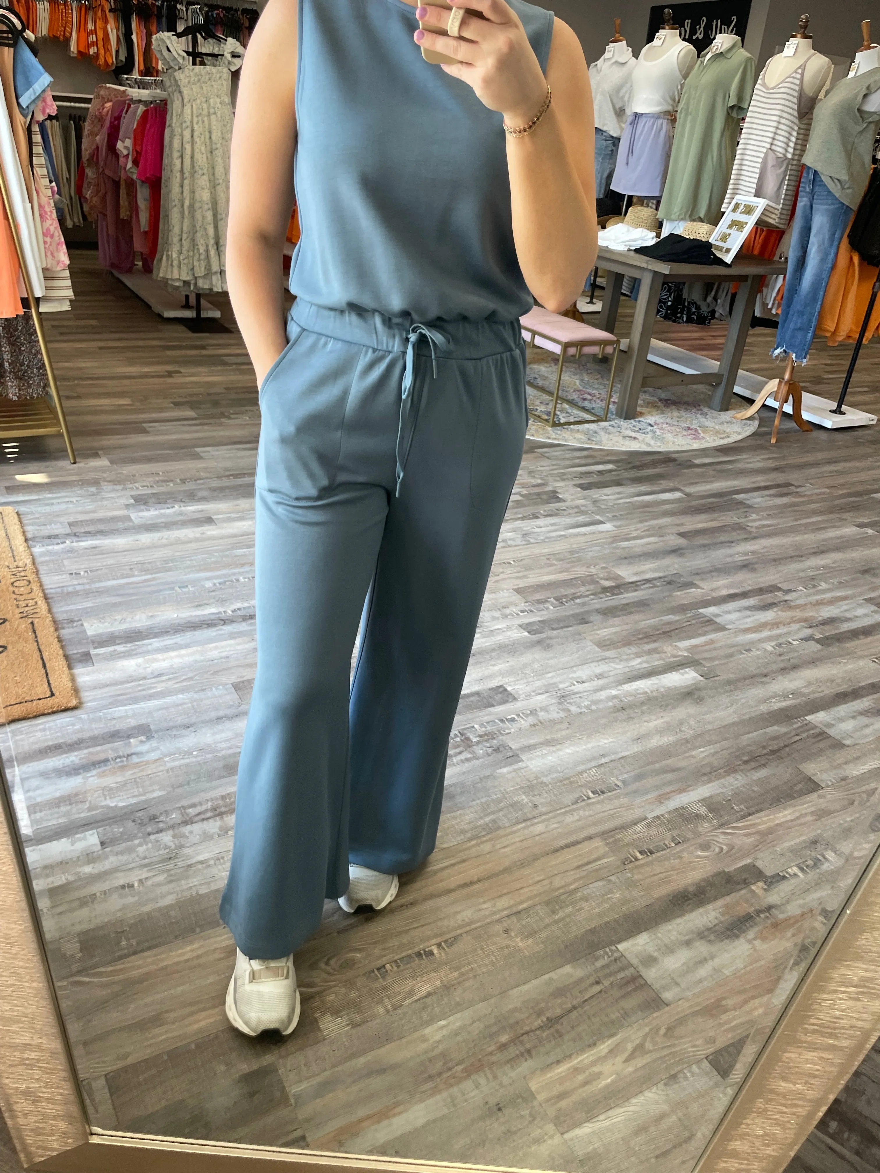 Wide Leg Scuba Jumpsuit - Slate Blue