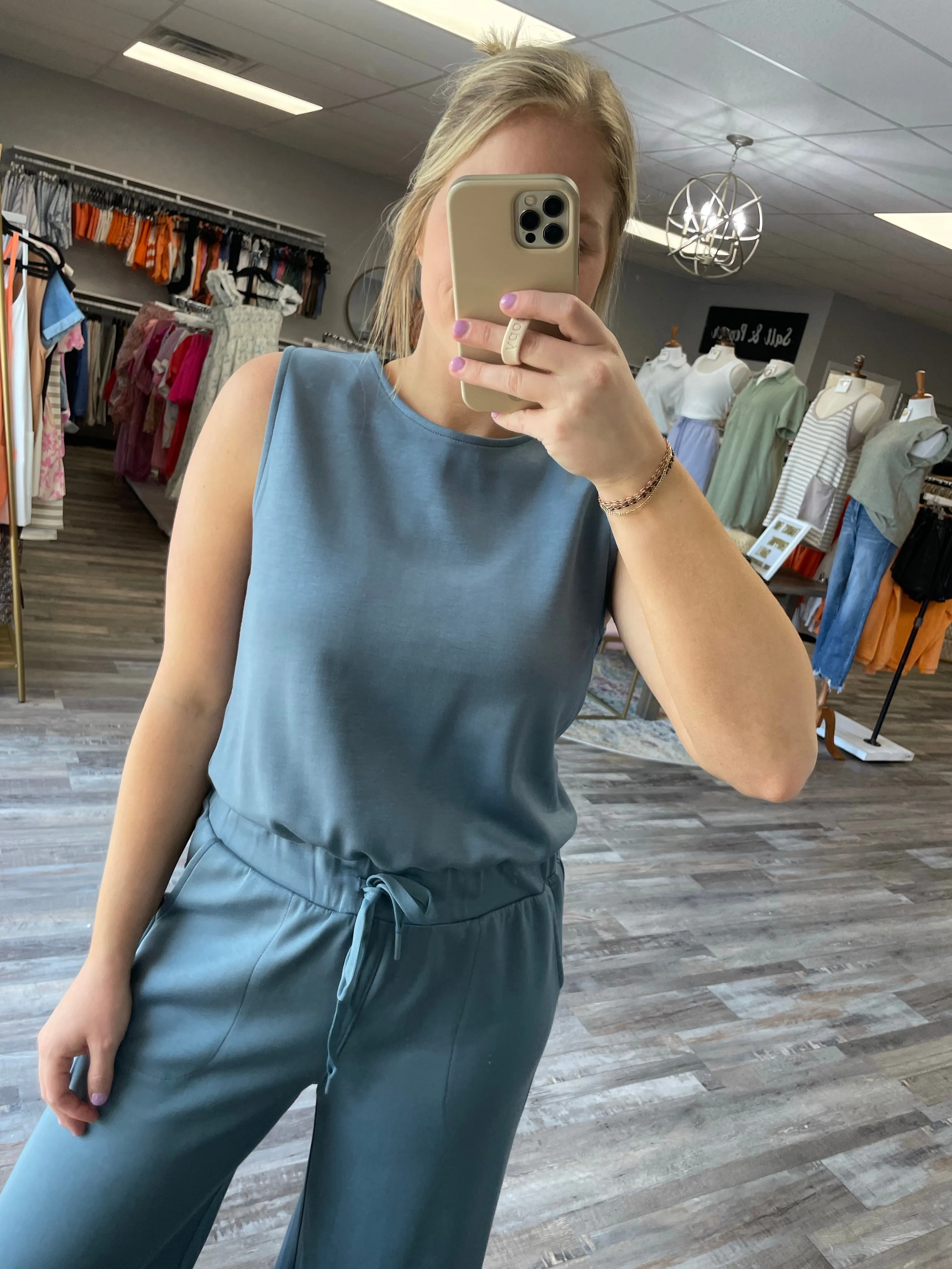 Wide Leg Scuba Jumpsuit - Slate Blue