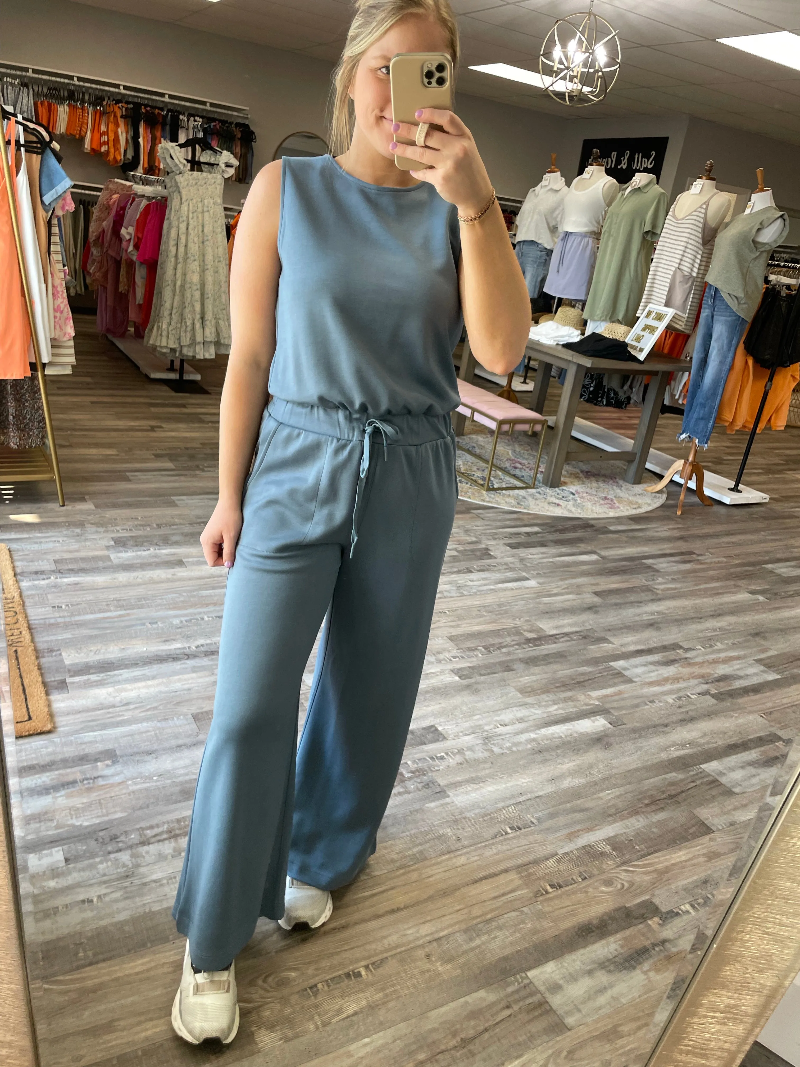 Wide Leg Scuba Jumpsuit - Slate Blue