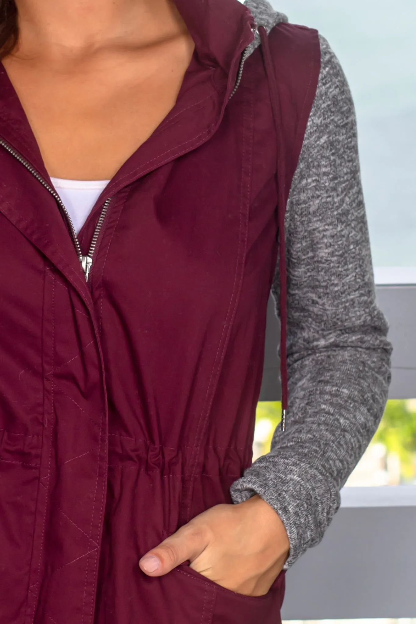 Wine Jacket with Gray Hood and Sleeves