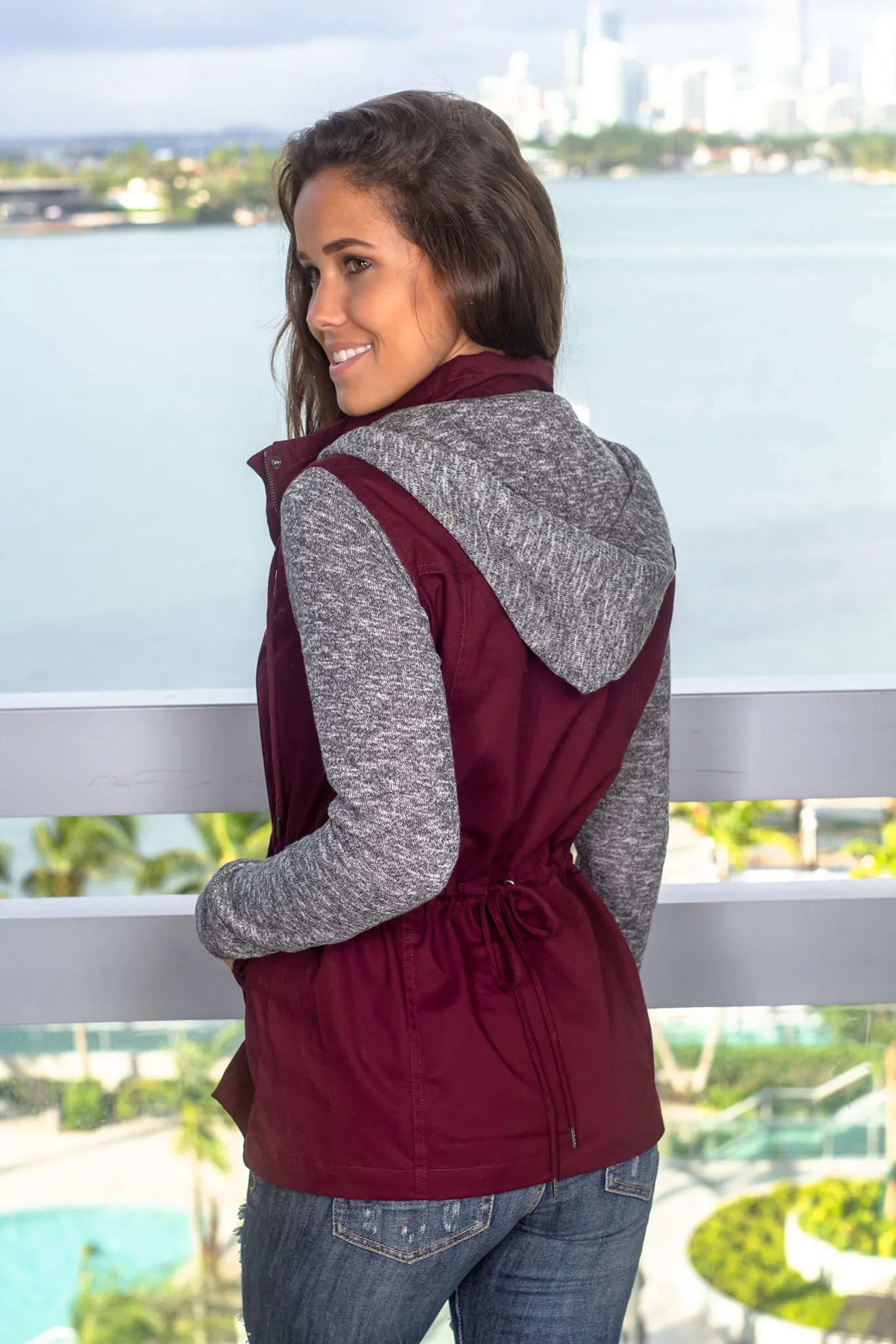 Wine Jacket with Gray Hood and Sleeves