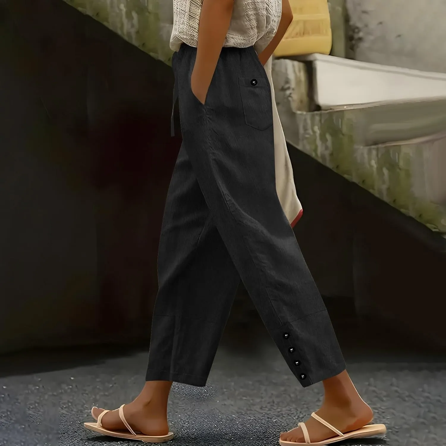 Women Summer Casual Linen Pants Boho Wide Leg Palazzo Pants Drawstring Beach Vacation Outfits Gauze Trendy Ladies Clothes