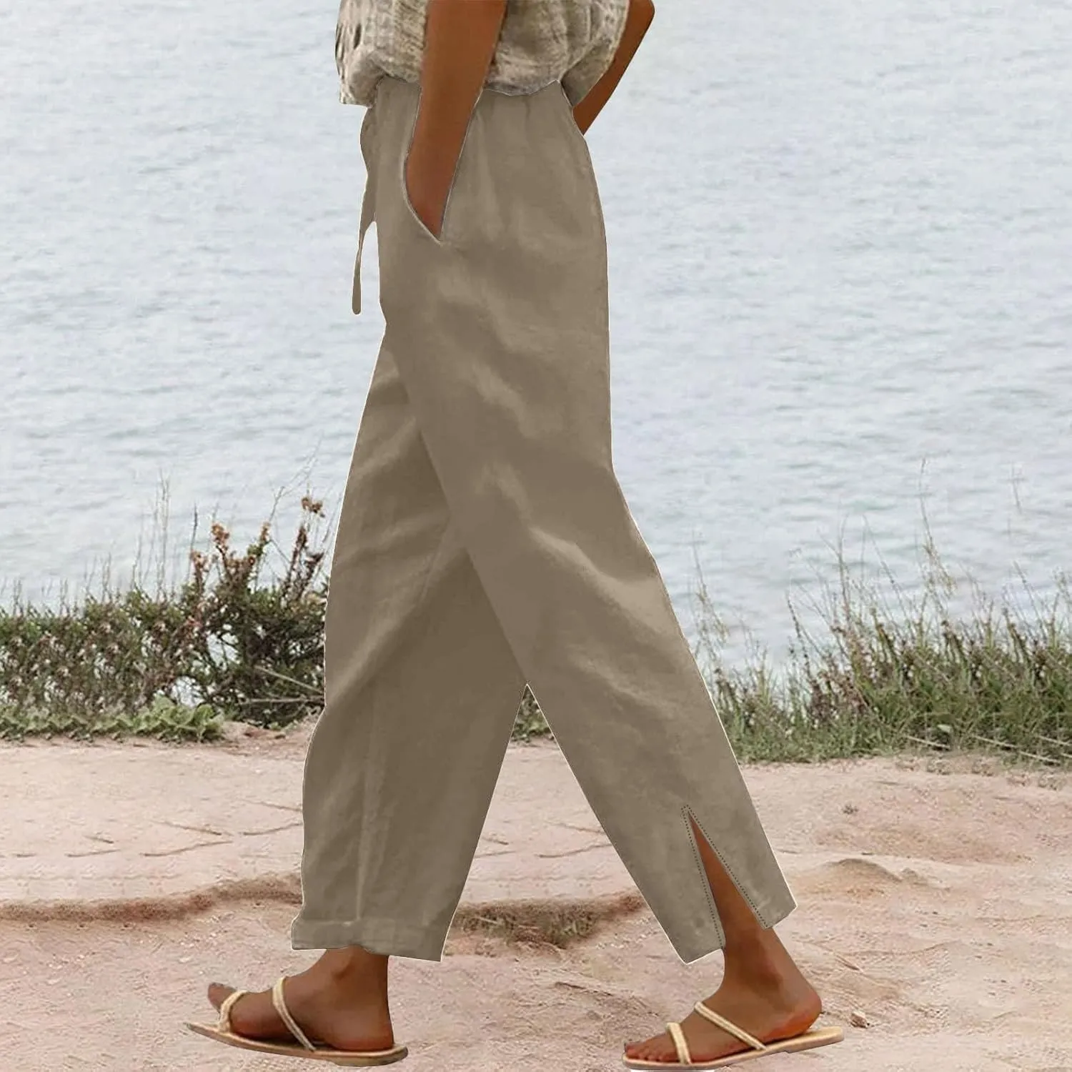 Women Summer Casual Linen Pants Boho Wide Leg Palazzo Pants Drawstring Beach Vacation Outfits Gauze Trendy Ladies Clothes