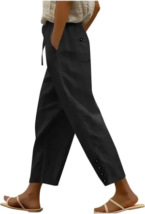Women Summer Casual Linen Pants Boho Wide Leg Palazzo Pants Drawstring Beach Vacation Outfits Gauze Trendy Ladies Clothes