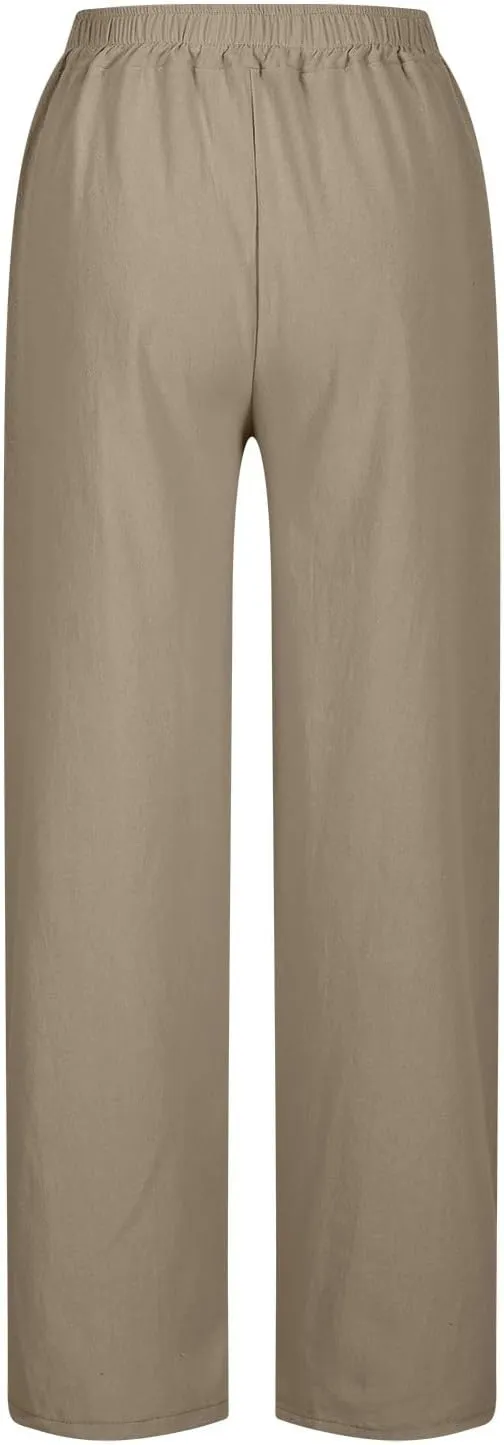 Women Summer Casual Linen Pants Boho Wide Leg Palazzo Pants Drawstring Beach Vacation Outfits Gauze Trendy Ladies Clothes